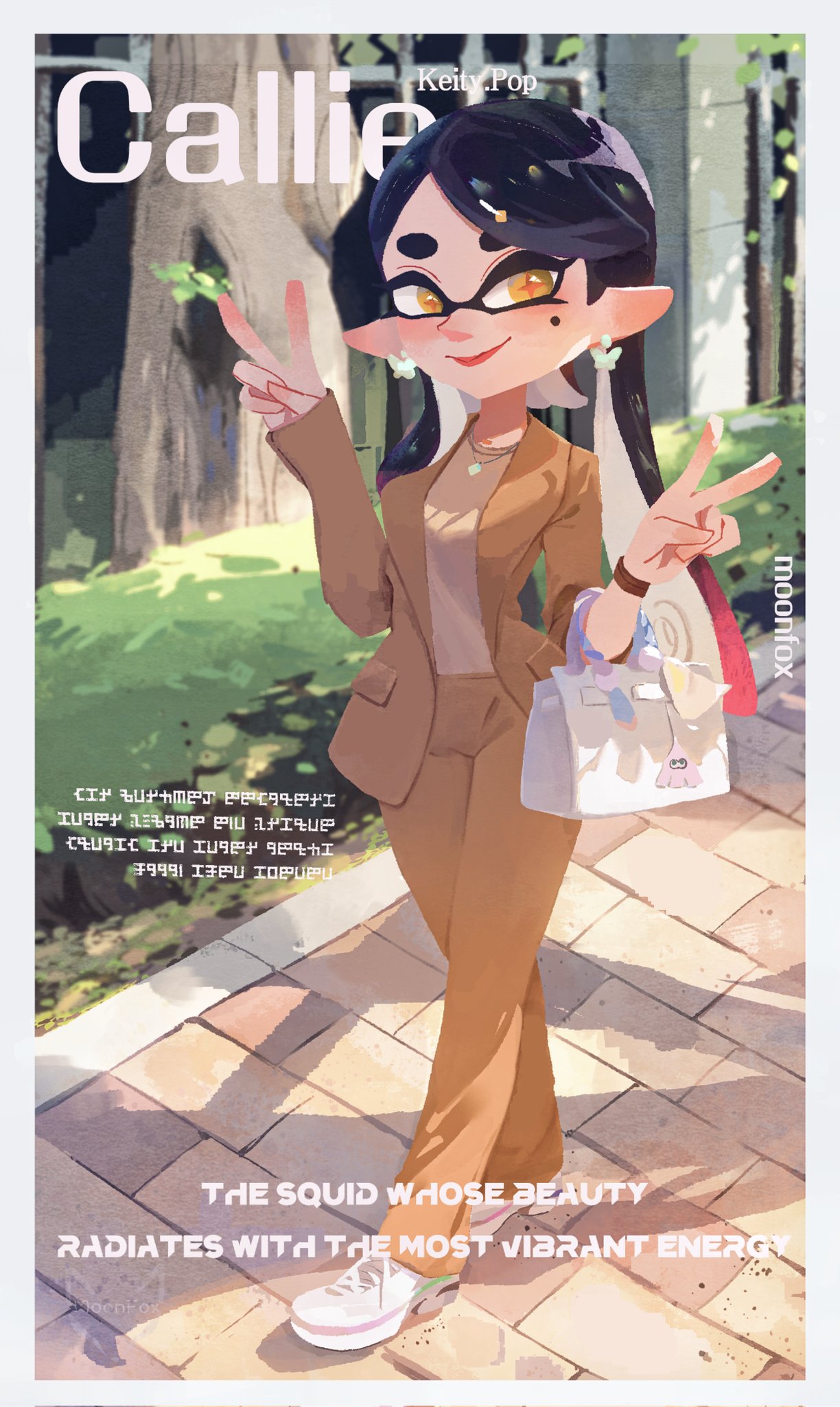 zhang tian57284, callie (splatoon), nintendo, splatoon (series), + +, 1girl, bag, earrings, jacket, jewelry, long sleeves, pants, pointy ears, shoes, tentacle hair, twintails, yellow eyes