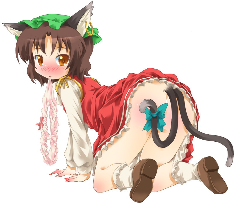 michii yuuki, chen, touhou, 1girl, all fours, animal ears, ass, bent over, bloomers, blush, bow, brown eyes, brown hair, cat ears, cat girl, cat tail, censored, convenient censoring, earrings, female focus, from behind, hat, jewelry, loli, looking at viewer, looking back, mouth hold, multiple tails, no panties, panties, panties in mouth, short hair, solo, tail, underwear