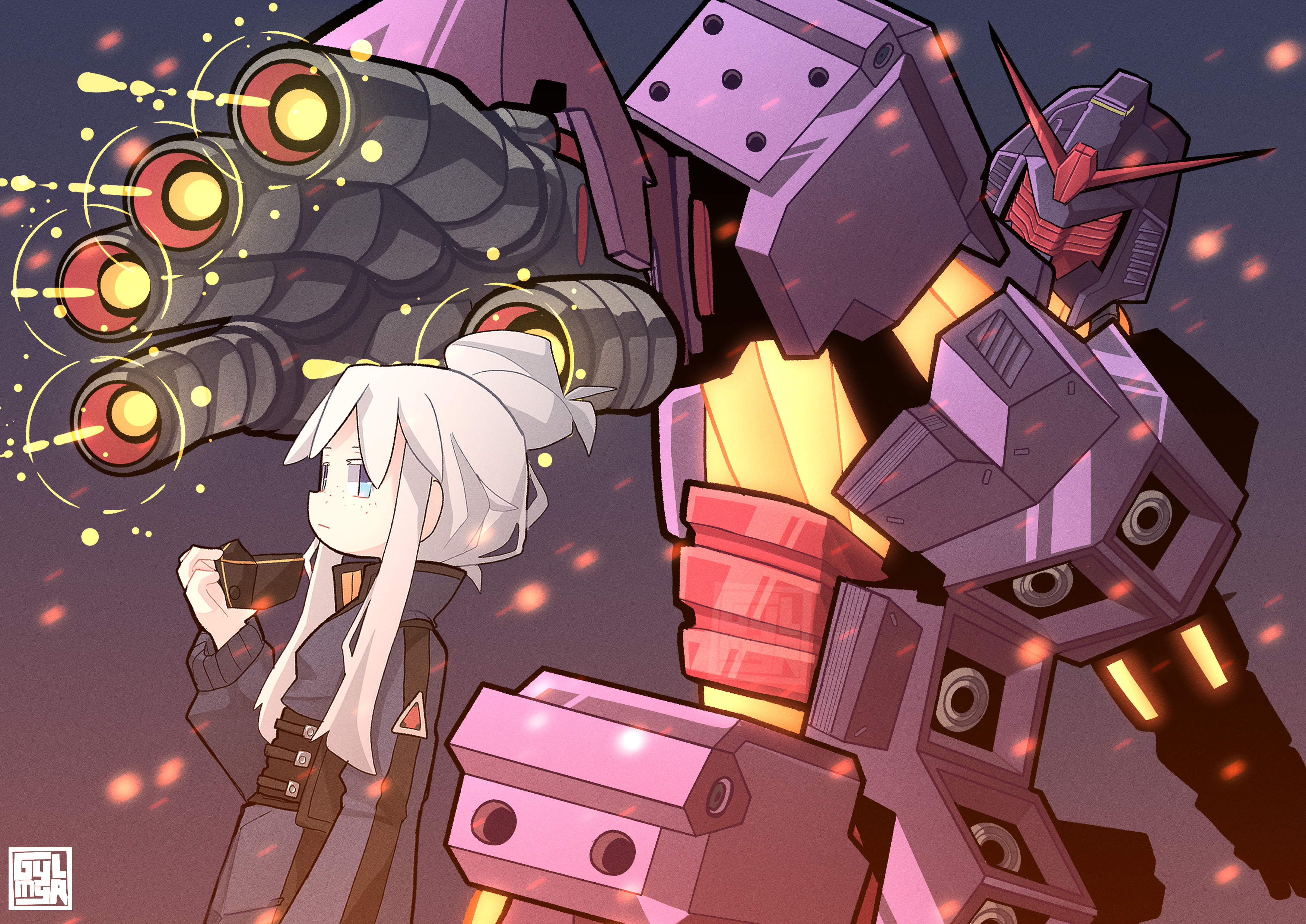 gylmyr, deux murasame, psycho gundam (gquuuuuux), gundam, gundam gquuuuuux, absurdres, commentary request, highres, 1girl, aiming, beam cannon, blue eyes, chest cannon, energy, energy gun, finger cannon, glowing, machinery, mecha, mecha pilot suit, mobile armor, red visor, removing mask, robot, science fiction, signature, v-fin, weapon, white hair