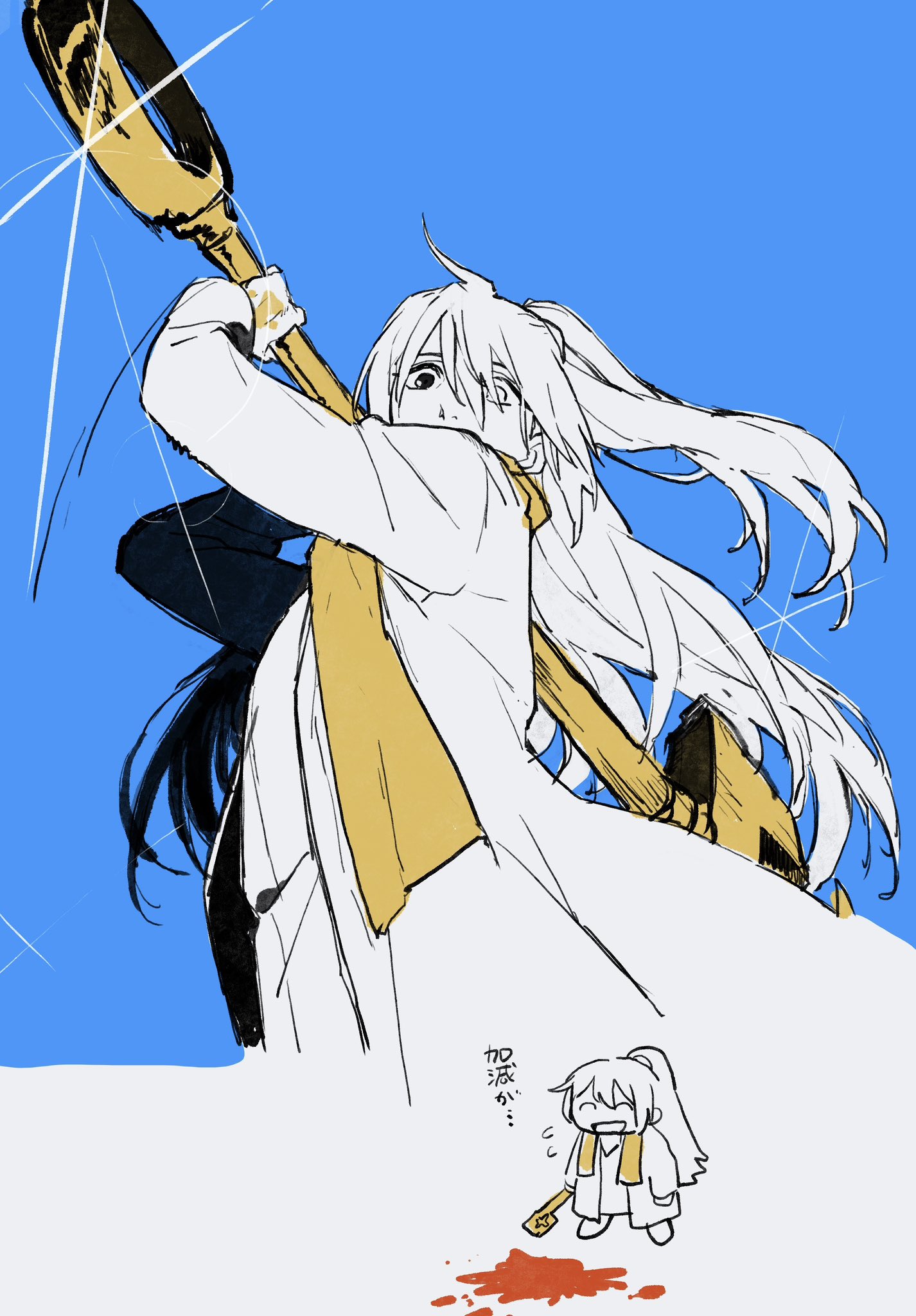 keisotu kuruu, hong lu (project moon), limbus company, project moon, highres, 1boy, black hair, blood, blue background, chibi, chibi inset, coat, dieci association south uniform, heterochromia, high ponytail, holding, holding key, key, long hair, looking at viewer, male focus, partially colored, ponytail, simple background, solo, stole, upper body, yellow stole
