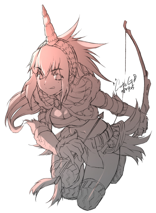 cuteg, capcom, monster hunter (series), bad id, bad pixiv id, 1girl, :q, arrow (projectile), bow (weapon), female focus, horns, kirin (armor), long hair, monochrome, single horn, solo, tongue, tongue out, weapon