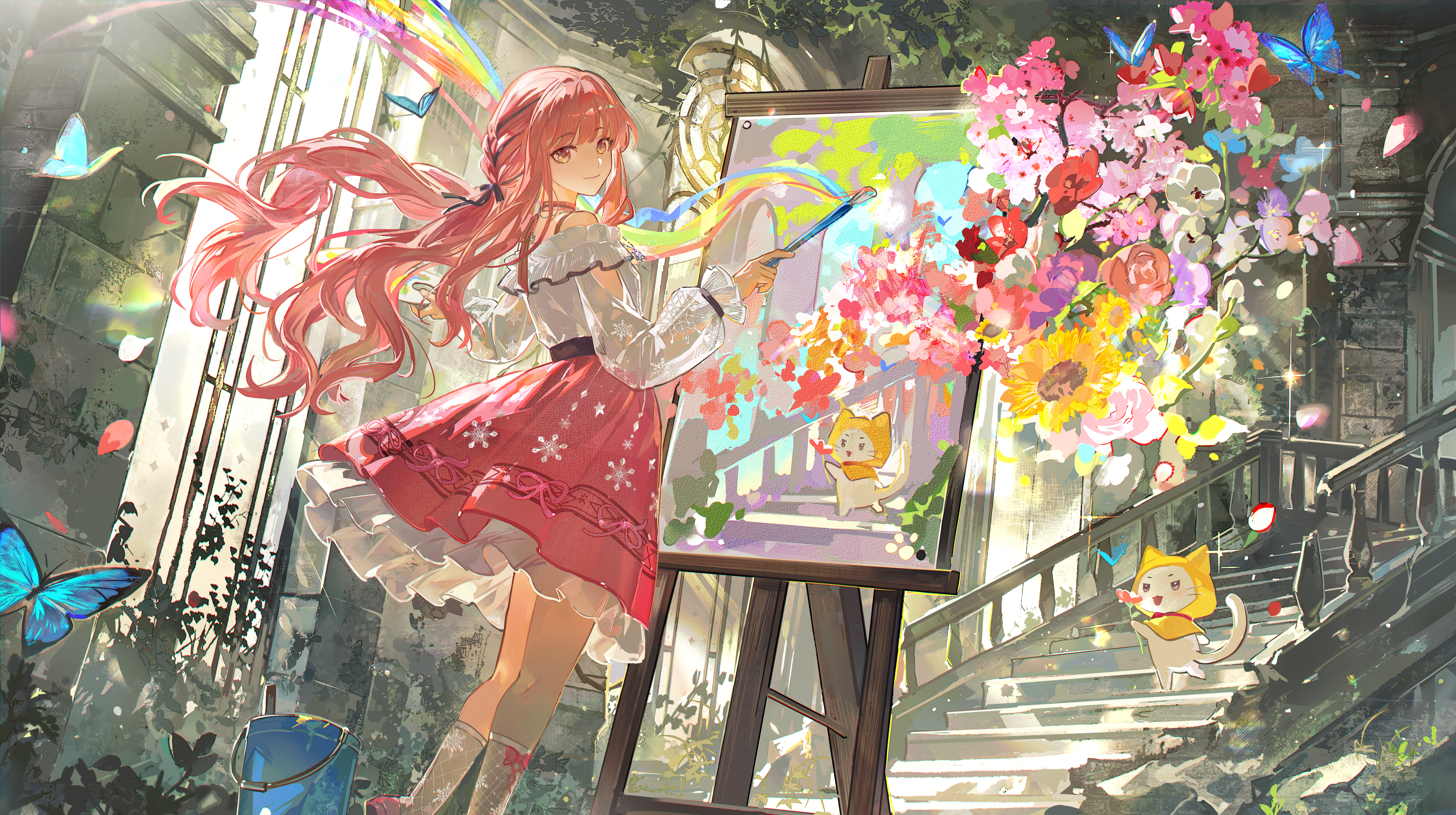 mento, nikki (nikki), perfect start (infinity nikki), infinity nikki, nikki (series), absurdres, bad source, highres, 1girl, bare shoulders, black ribbon, bow, bow legwear, bucket, bug, butterfly, closed mouth, floating hair, flower, from behind, hair ribbon, holding, holding paintbrush, insect, kneehighs, long hair, long sleeves, looking back, outdoors, paintbrush, painting (action), painting (object), pink bow, pink hair, pink skirt, ribbon, shirt, skirt, smile, socks, solo, stairs, standing, white shirt, white socks