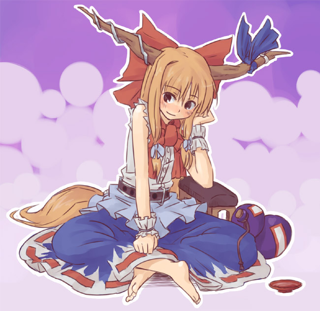 kannari, ibuki suika, touhou, 1girl, barefoot, blush, bow, brown hair, feet, female focus, full body, horns, sitting, solo