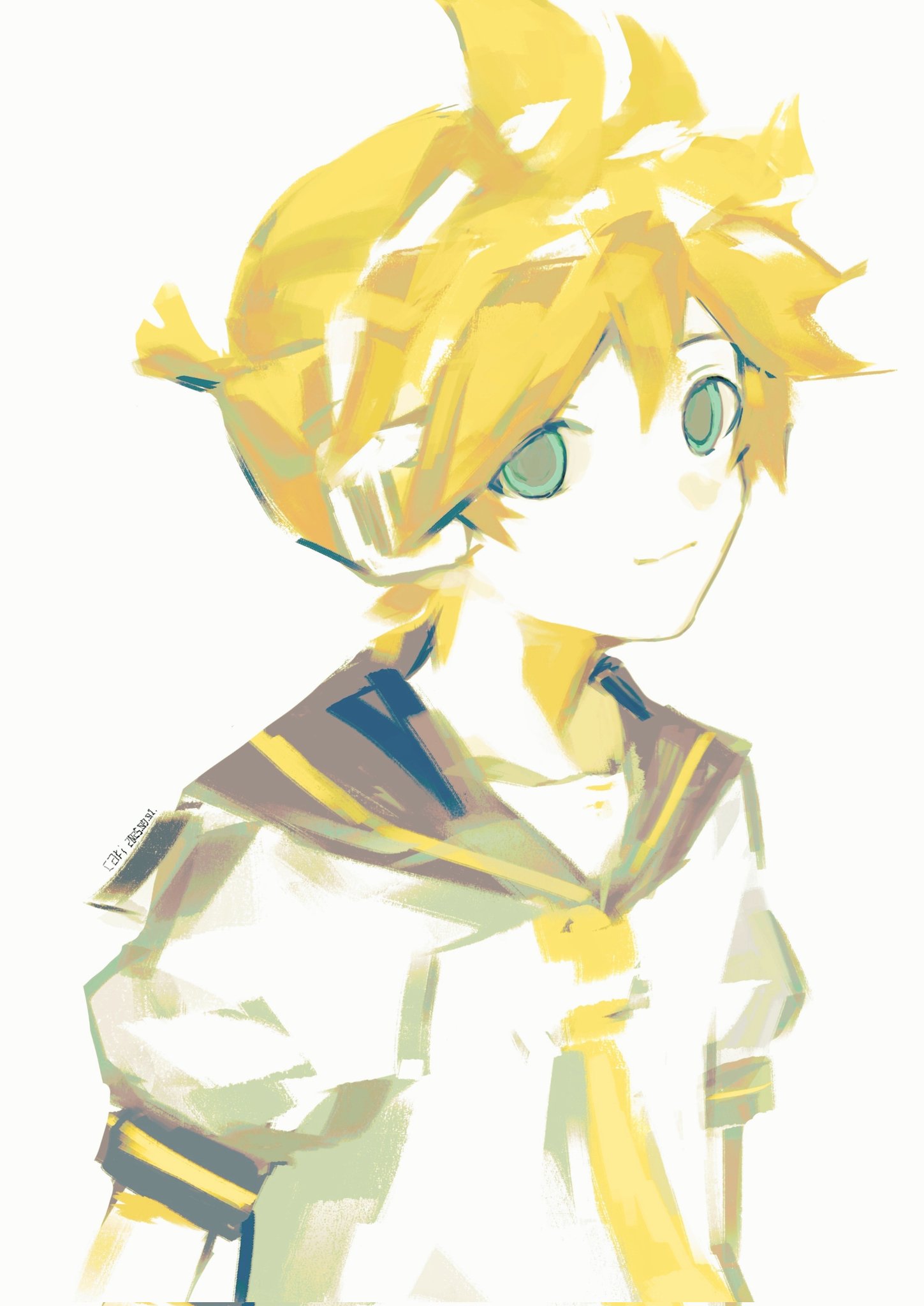 caki, kagamine len, vocaloid, highres, 1boy, aqua eyes, black sailor collar, blonde hair, blue eyes, closed mouth, headphones, looking at viewer, male focus, necktie, ponytail, puffy short sleeves, puffy sleeves, sailor collar, shirt, short ponytail, short sleeves, simple background, smile, solo, spiked hair, upper body, white background, white shirt, yellow necktie