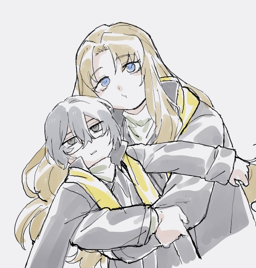 keisotu kuruu, rodion (project moon), yi sang (project moon), limbus company, project moon, 1boy, 1girl, black coat, black eyes, black hair, blue eyes, brown hair, closed mouth, coat, dieci association south uniform, glasses, hug, long hair, long sleeves, looking at viewer, parted bangs, short hair, simple background, sweater, upper body, white background, white sweater, yellow stole