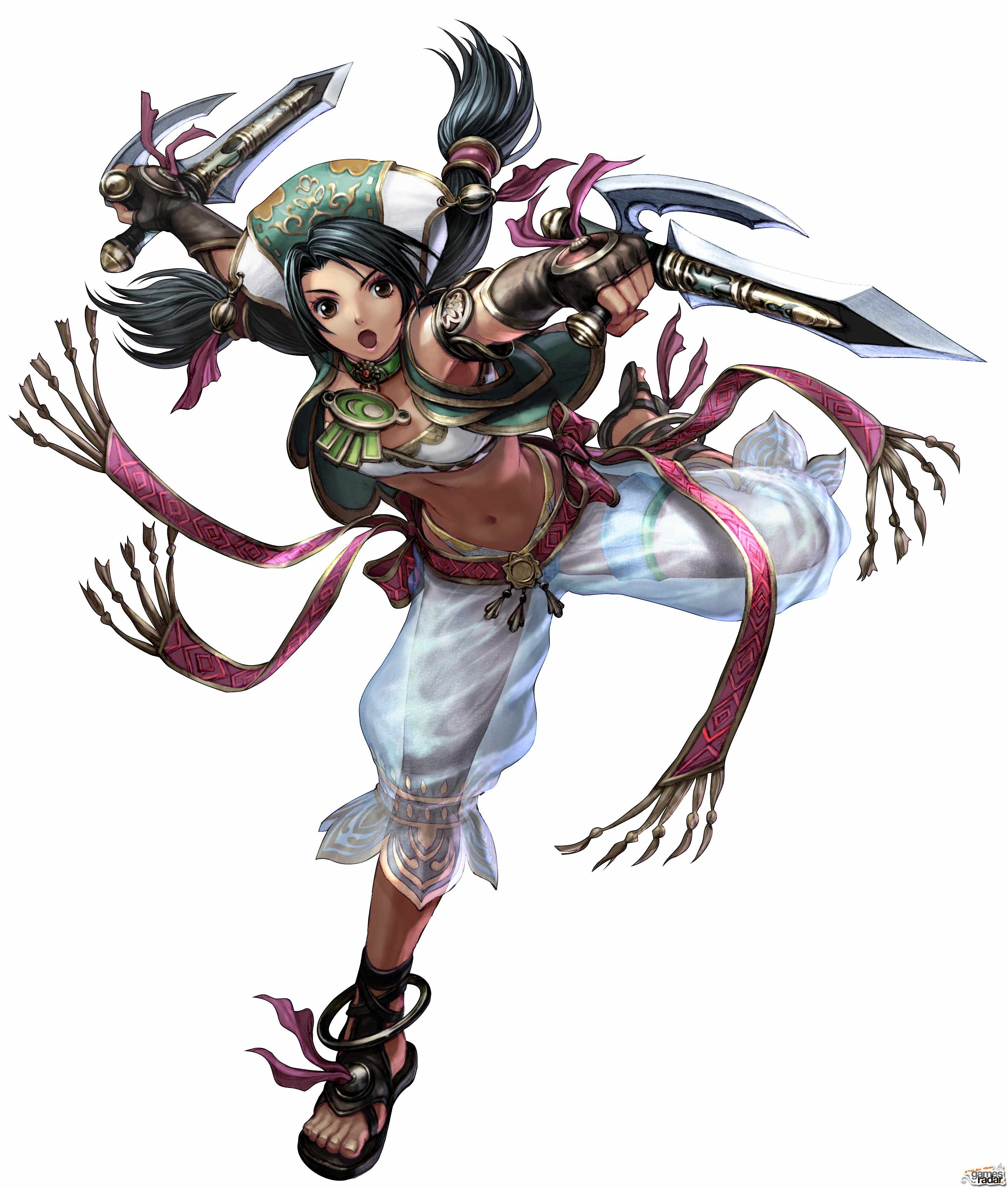 kawano takuji, talim, soul calibur, soulcalibur, soulcalibur iv, absurdres, highres, official art, >:o, 1girl, :o, anklet, armlet, armpits, bandeau, bare shoulders, belt, black hair, brown eyes, brown gloves, choker, collar, dagger, dark-skinned female, dark skin, elbow gloves, feet, female focus, flat chest, full body, gloves, hair tubes, hat, holding, holding sword, holding weapon, jewelry, knife, long hair, looking at viewer, low-tied long hair, midriff, navel, no socks, open mouth, panties, pants, sandals, see-through clothes, simple background, solo, spread legs, stomach, sword, thigh strap, toes, twintails, underwear, v-shaped eyebrows, warrior, weapon, white background, white hat, white pants