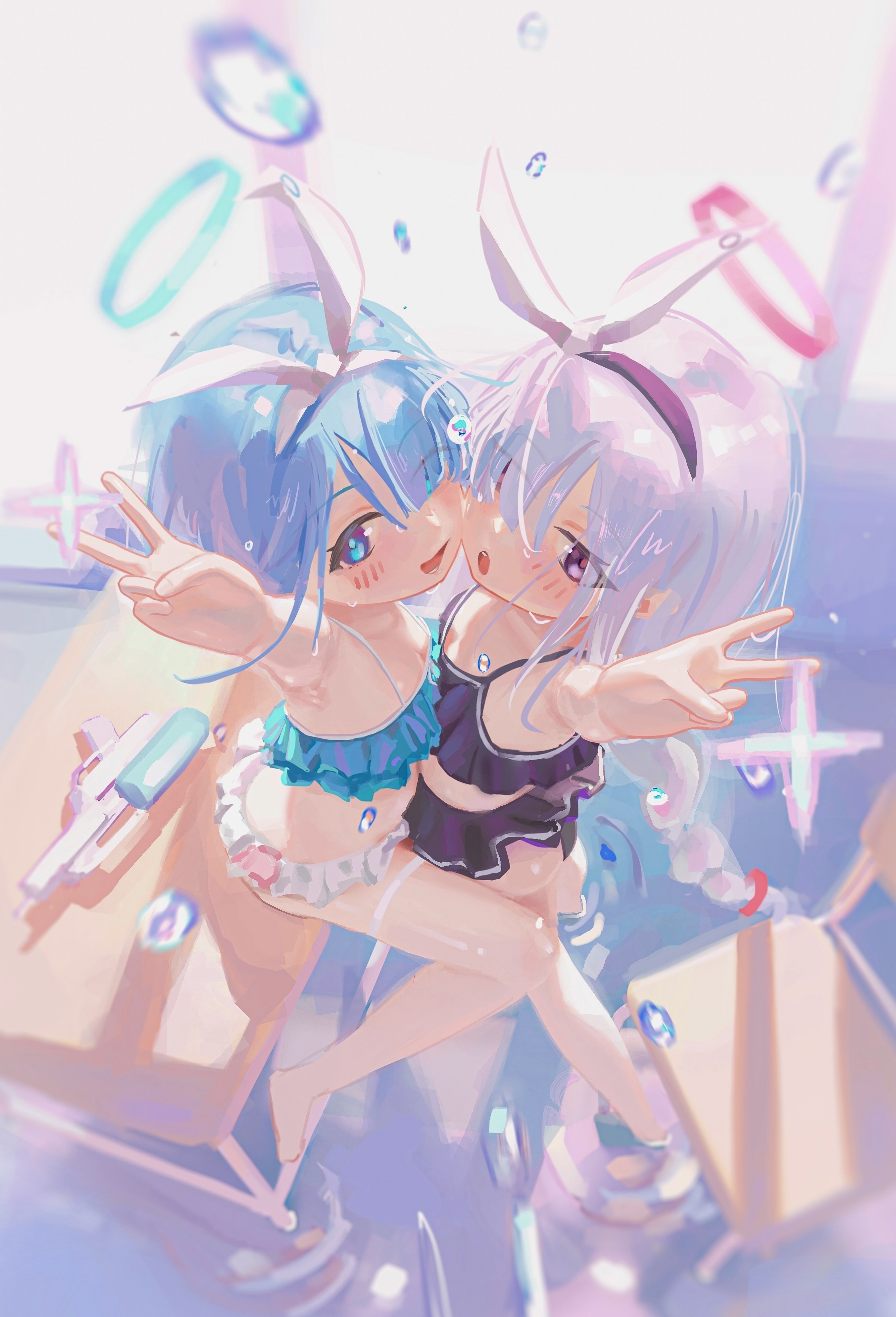hsch, arona (blue archive), plana (blue archive), blue archive, absurdres, commentary, english commentary, highres, 2girls, bikini, black bikini, black eyes, black hairband, blue bikini, blue eyes, blue hair, blue halo, bow, bow hairband, braid, breasts, grey hair, hair bow, hair over one eye, hairband, halo, long hair, looking at viewer, multiple girls, open mouth, pink halo, ruffle bikini, short hair, small breasts, swimsuit, v, water drop, water gun, white bow, white hairband
