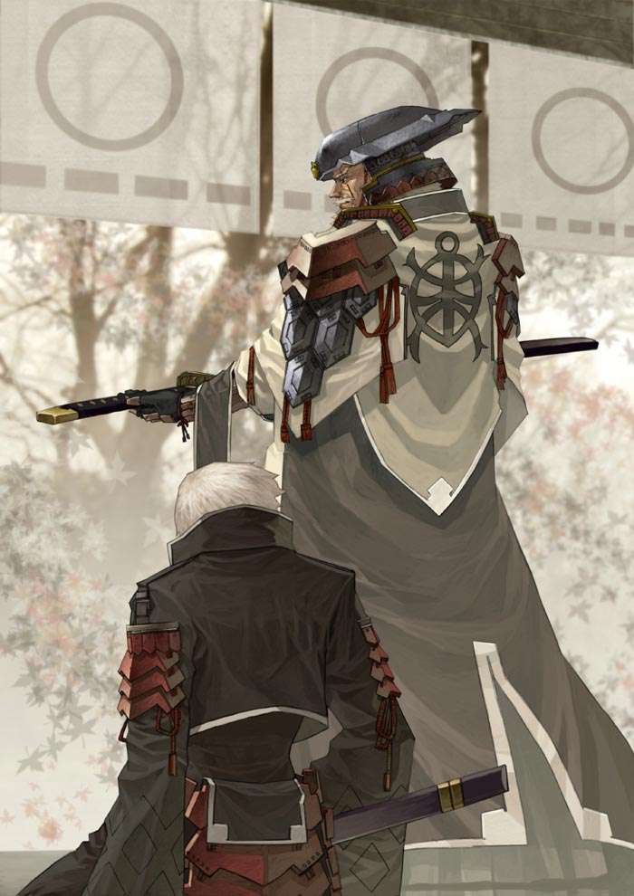 skan srisuwan, silver hair, 2boys, katana, male focus, multiple boys, senior, sword, weapon