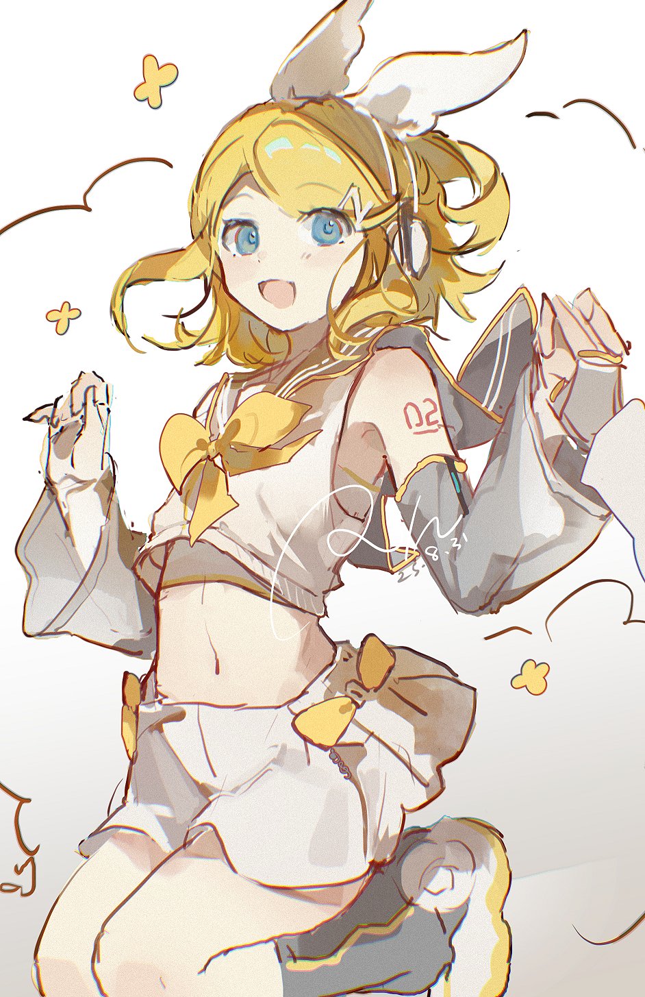 zeriko, kagamine rin, piapro studio, vocaloid, highres, 1girl, :d, bare shoulders, blonde hair, blue eyes, bow, bowtie, crop top, detached sleeves, grey sleeves, hair bow, hair ornament, hairclip, headphones, holding hands, jumping, kagamine rin (nt), kneeling, leg warmers, looking at viewer, midriff, navel, neckerchief, number tattoo, open mouth, out of frame, sailor collar, shirt, short hair, shorts, shoulder tattoo, sketch, sleeveless, sleeveless shirt, smile, solo focus, swept bangs, tattoo, white bow, white shirt, white shorts, yellow bow, yellow nails, yellow neckerchief