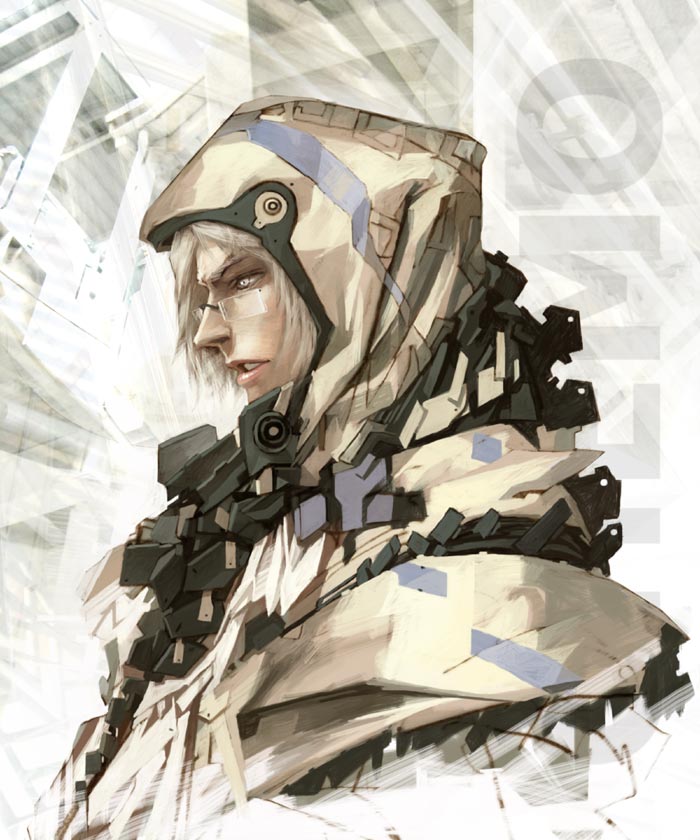 skan srisuwan, silver hair, 1boy, glasses, hood, male focus, science fiction, solo, upper body