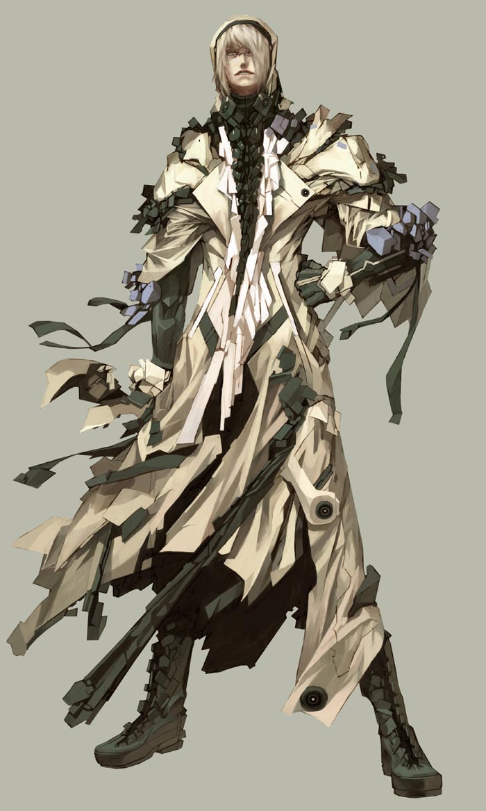 skan srisuwan, silver hair, concept art, 1boy, full body, glasses, male focus, science fiction, simple background, solo