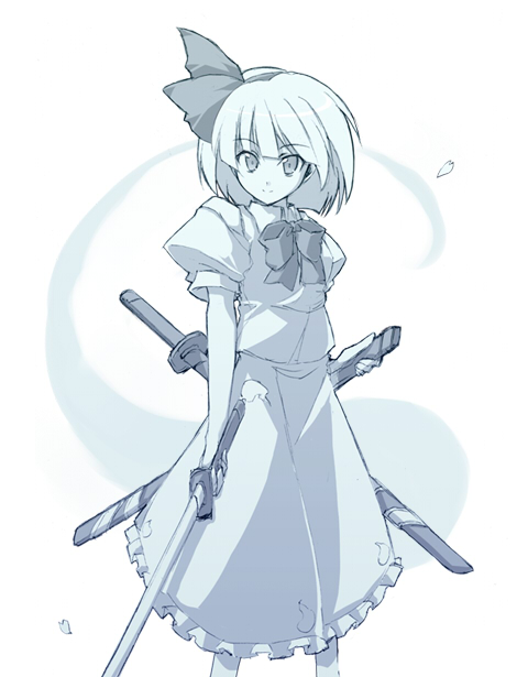 tooya, touya (the-moon), konpaku youmu, konpaku youmu (ghost), touhou, 1girl, blue theme, female focus, hairband, hitodama, katana, monochrome, ribbon, sheath, sheathed, short hair, solo, sword, weapon