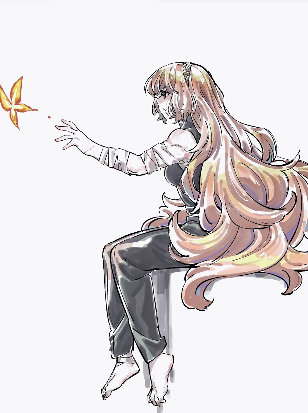 keisotu kuruu, ishmael (project moon), limbus company, project moon, highres, 1girl, bandages, barefoot, black pants, black shirt, breasts, brown hairband, bug, butterfly, full body, hairband, insect, long hair, looking at animal, orange butterfly, orange hair, pants, scar, shi association south uniform, shirt, simple background, sitting, sleeveless, solo, white background