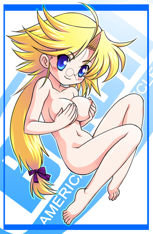tanuki yousuke, original, 1girl, barefoot, blonde hair, blue eyes, breasts, covering breasts, covering privates, feet, female focus, glasses, grabbing another's breast, groping, large breasts, long hair, nipples, nude, nude cover, pince-nez, ponytail, ribbon, solo, toes