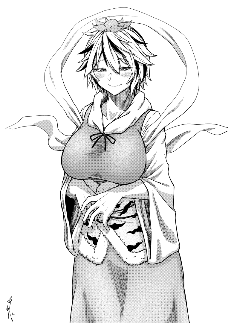 koyubi (littlefinger1988), toramaru shou, touhou, 1girl, animal print, breasts, closed mouth, coat, flower, fur coat, greyscale, hair flower, hair ornament, large breasts, light blush, long skirt, long sleeves, monochrome, multicolored hair, neck ribbon, ribbon, shawl, short hair, skirt, smile, solo, streaked hair, tiger print, wide sleeves