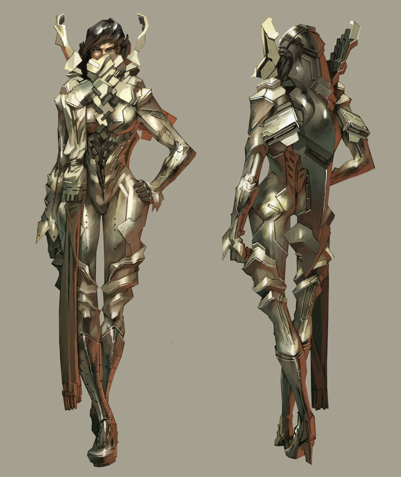 skan srisuwan, concept art, 1girl, armor, crossed legs, mecha, robot, science fiction, standing, watson cross