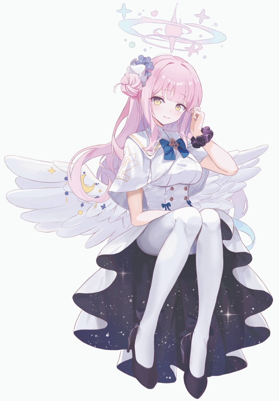 mika (blue archive), blue archive, highres, 1girl, angel wings, buttons, closed mouth, double-breasted, feathered wings, flower, hair bun, hair flower, hair ornament, halo, haru 0104, high heels, long hair, looking at viewer, low wings, pantyhose, pink hair, pink halo, pumps, scrunchie, simple background, single hair bun, single side bun, smile, solo, very long hair, white background, white pantyhose, white wings, wing ornament, wings, wrist scrunchie, yellow eyes