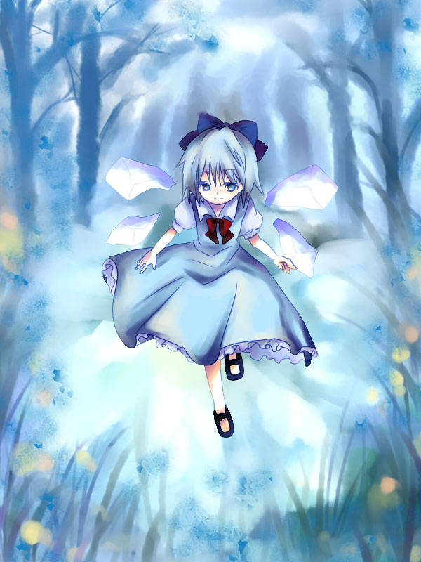 nightbug, cirno, touhou, bad id, bad pixiv id, 1girl, blue hair, dress, female focus, flower, forest, nature, outdoors, plant, ribbon, solo, wings
