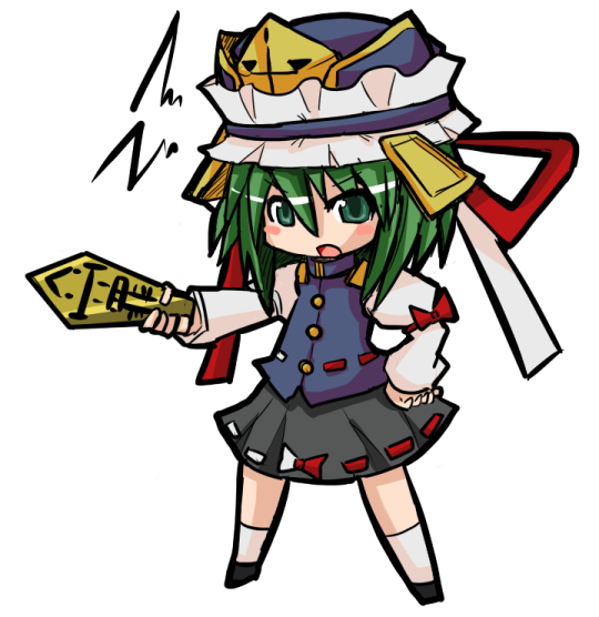 raito (itoraito), shiki eiki, touhou, 1girl, blush, blush stickers, bow, chibi, female focus, full body, green eyes, green hair, hat, matching hair/eyes, open mouth, pointing, ribbon, rod of remorse, shoes, short hair, simple background, skirt, socks, solo