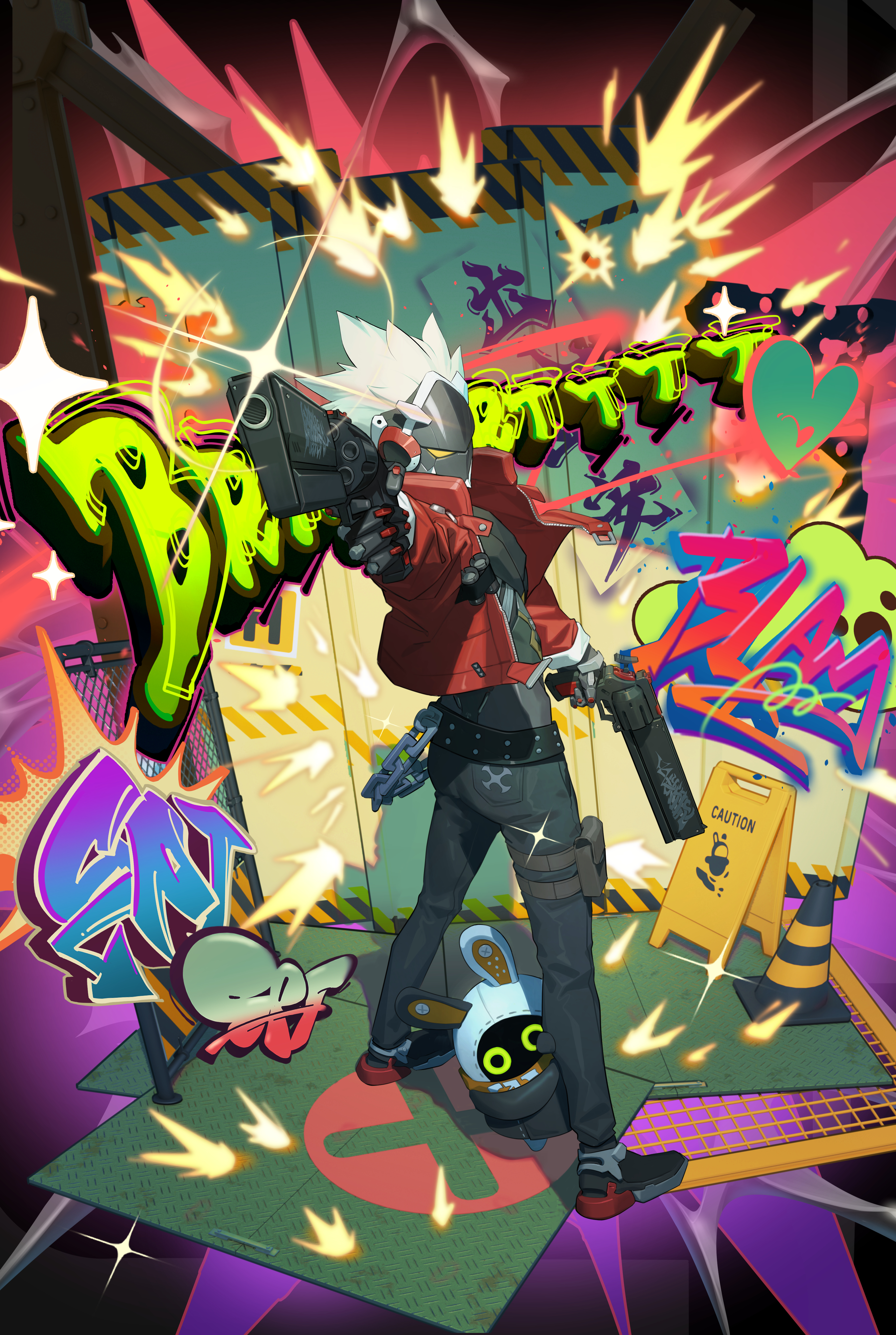 oguchi, bangboo (zenless zone zero), billy kid, eous (zenless zone zero), zenless zone zero, absurdres, commentary request, highres, 1boy, aiming, aiming at viewer, belt, black pants, chain, dual wielding, graffiti, gun, holding, holding gun, holding weapon, jacket, male focus, open clothes, open jacket, pants, red jacket, robot boy, shoes, sparkle, spiked hair, standing, weapon, wet floor sign, white hair