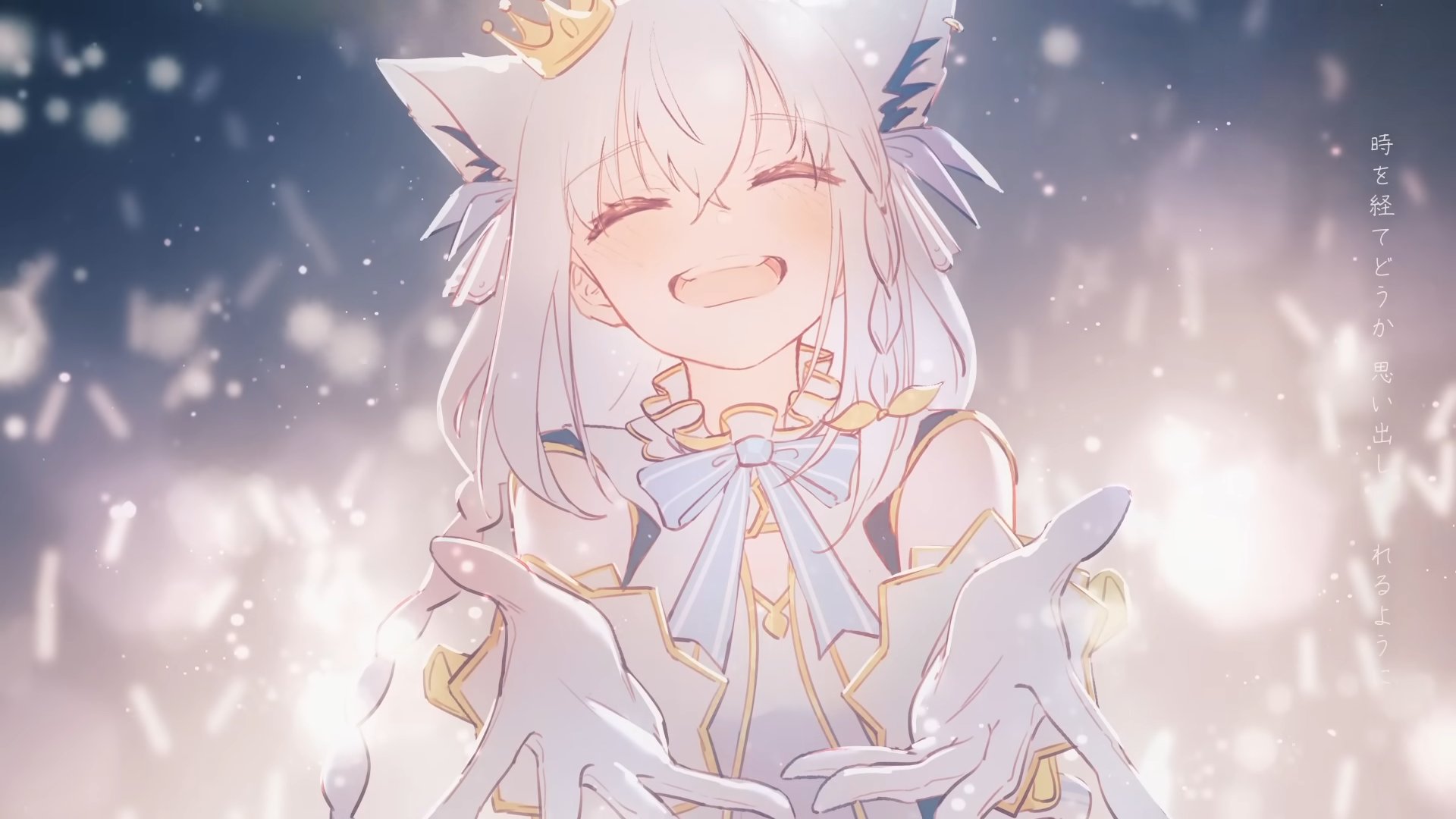 hyde (tabakko), shirakami fubuki, hololive, highres, second-party source, 1girl, animal ear fluff, animal ears, bare shoulders, blue bow, blush, bow, closed eyes, crossed bangs, crown, detached sleeves, dress, extra ears, fox ears, fox girl, gloves, hair between eyes, open mouth, reaching, reaching towards viewer, solo, teeth, upper teeth only, white dress, white gloves