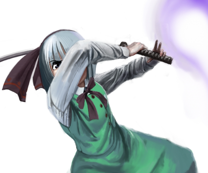 neo-jon, konpaku youmu, konpaku youmu (ghost), touhou, 1girl, female focus, hitodama, katana, ribbon, solo, sword, weapon