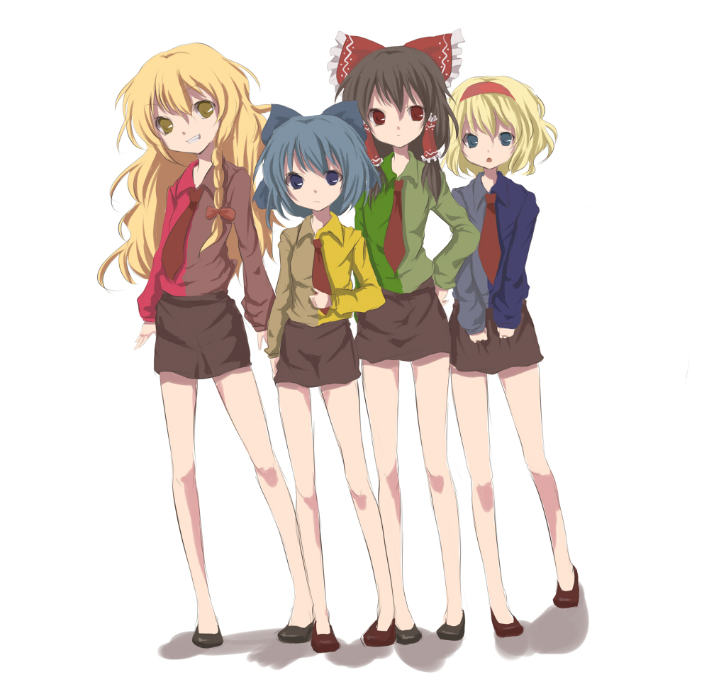 tetsuo (tashirosu), alice margatroid, cirno, hakurei reimu, kirisame marisa, touhou, bad id, bad pixiv id, 4girls, black hair, blonde hair, blue eyes, blue hair, braid, female focus, hairband, multiple girls, necktie, red eyes, ribbon, simple background, skirt, smile, white background, yellow eyes