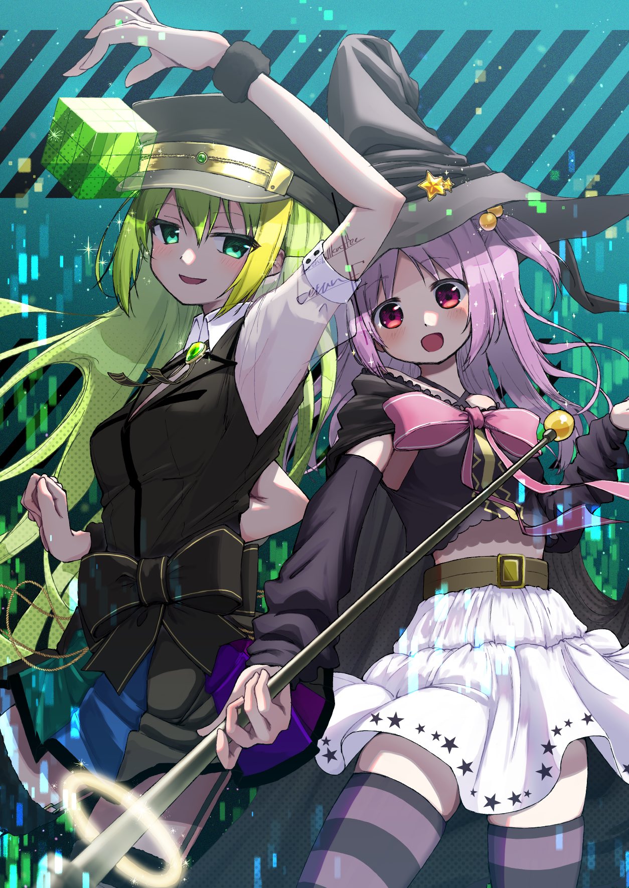durchfallkaffee levante, alina gray, misono karin, magia record: mahou shoujo madoka magica gaiden, mahou shoujo madoka magica, highres, 2girls, abstract background, black vest, green eyes, green hair, hat, holding, holding staff, magical girl, multiple girls, open mouth, peaked cap, pink hair, pleated skirt, red eyes, rubik's cube, shirt, skirt, staff, vest, white shirt, witch hat