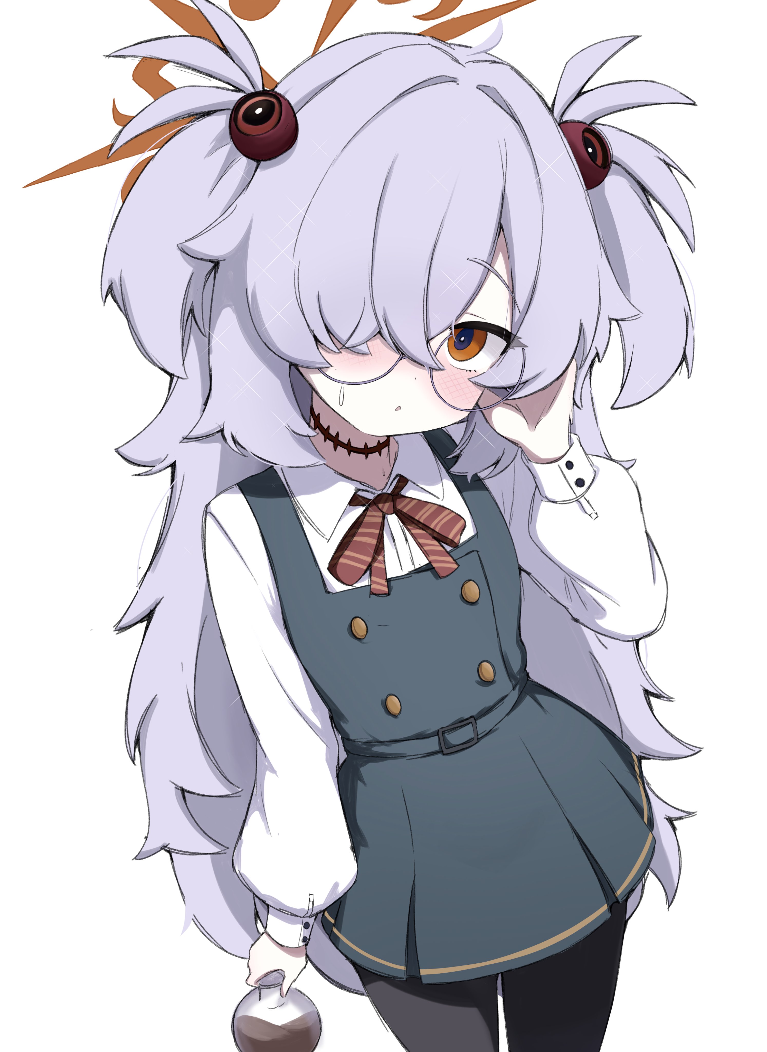 noiriririri, kanoe (blue archive), blue archive, absurdres, highres, 1girl, bespectacled, black pantyhose, brown eyes, brown halo, dress, glasses, hair over one eye, halo, long hair, open mouth, pantyhose, round eyewear, simple background, solo, white background