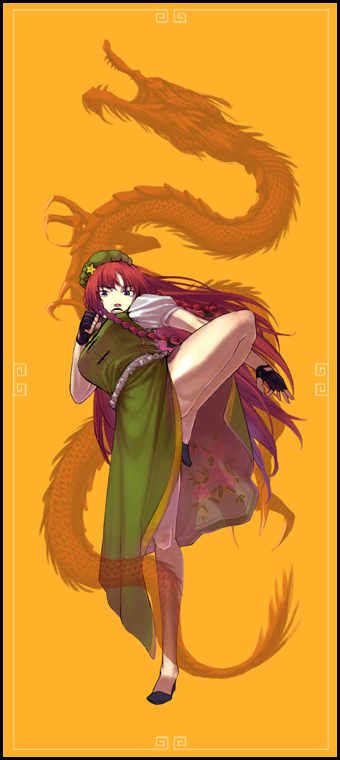 sakamoto kengo, hong meiling, touhou, 1girl, braid, chinese clothes, dragon, female focus, fighting stance, fingerless gloves, gloves, hat, leg lift, legs, long hair, red hair, side slit, solo, twin braids