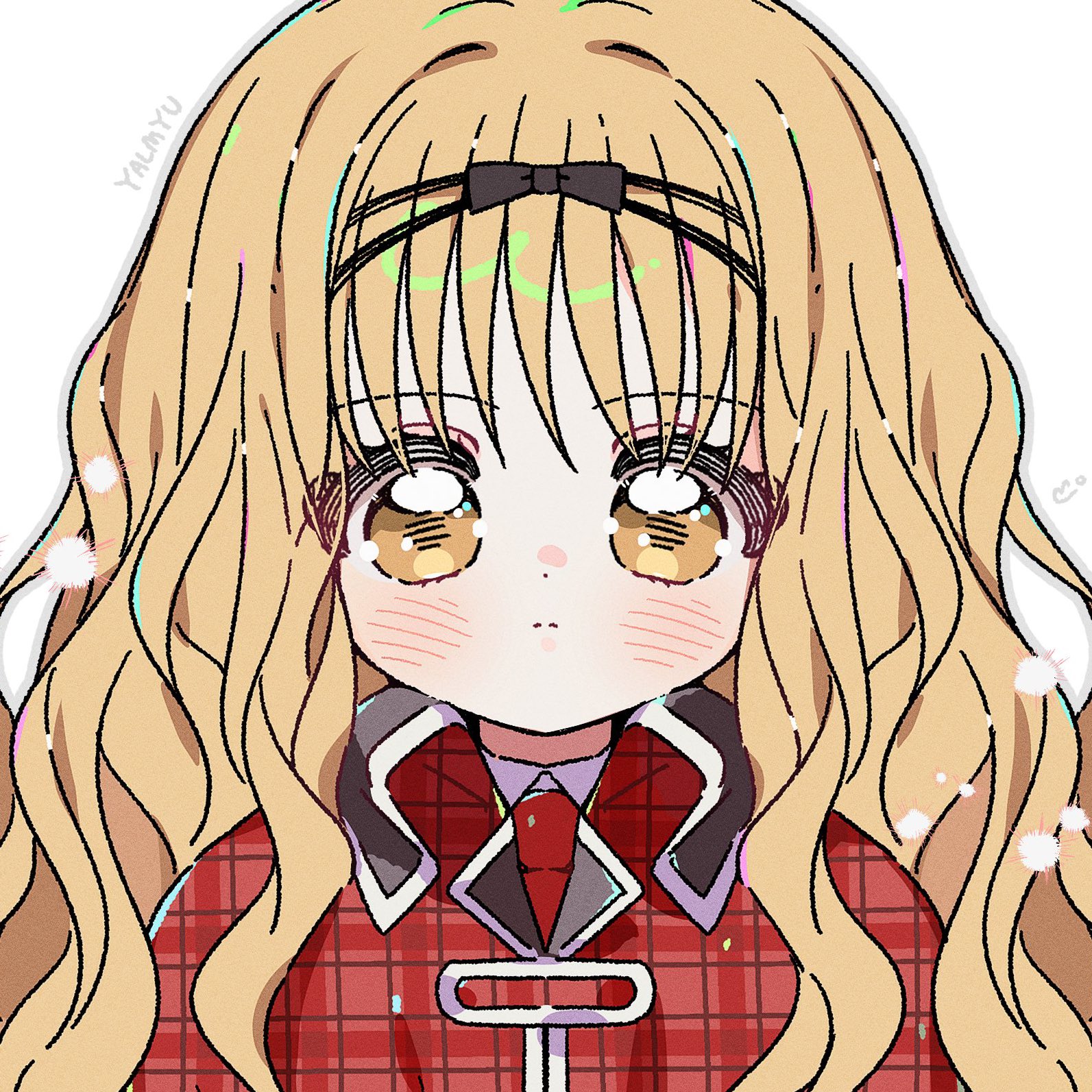 yalmyu, mashiro rima, shugo chara!, highres, 1girl, artist name, black bow, blonde hair, blush, bow, capelet, closed mouth, hair between eyes, hair bow, hair intakes, long hair, looking at viewer, red capelet, simple background, solo, wavy hair, white background, yellow eyes