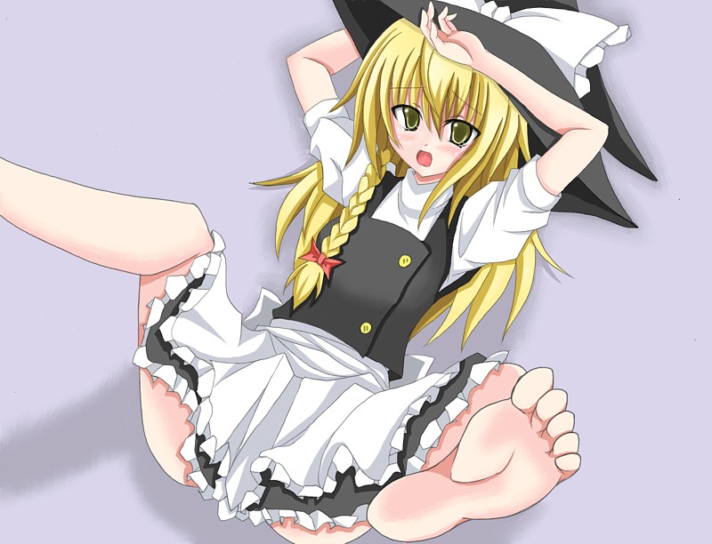 korican, kirisame marisa, touhou, 1girl, bad anatomy, bad feet, barefoot, blonde hair, braid, feet, female focus, hat, poorly drawn, ribbon, side braid, soles, solo, spread legs