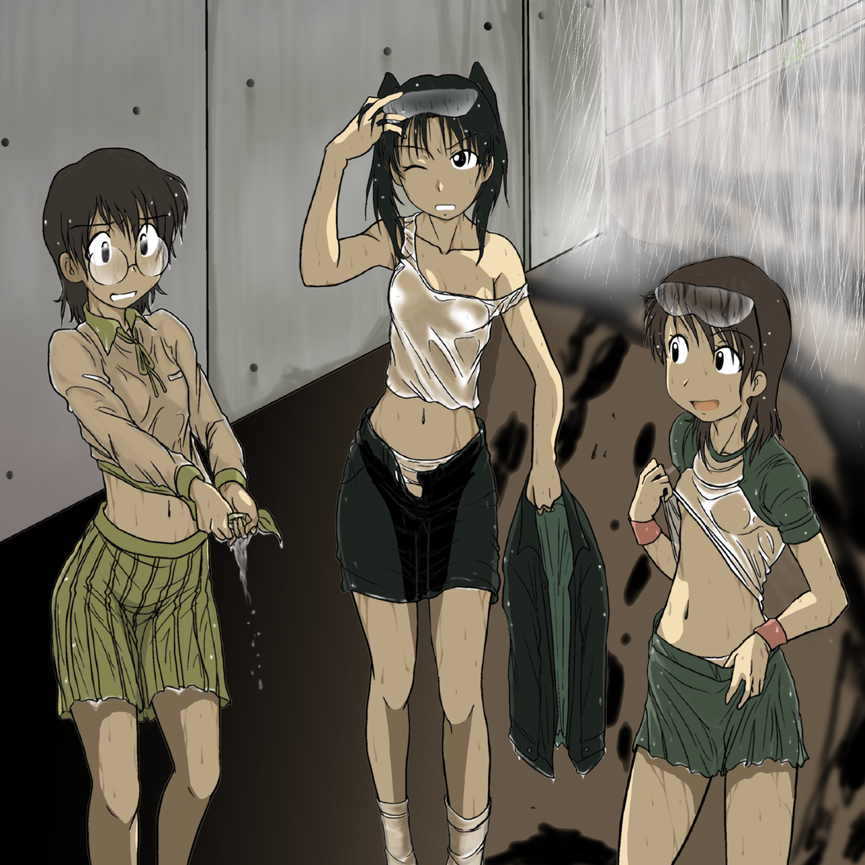 takaya n, amasawa yuuko, densuke (dennou coil), hashimoto fumie, okonogi yuuko, dennou coil, highres, 00s, 3girls, breasts, flat chest, glasses, multiple girls, no bra, raglan sleeves, rain, underboob, wet, wet clothes