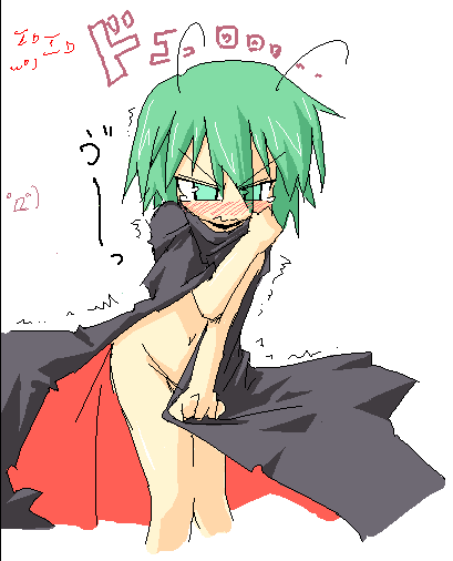 hidaka makoto, wriggle nightbug, touhou, 1girl, antennae, blush, cape, female focus, green eyes, green hair, matching hair/eyes, naked cape, nude, solo, tears