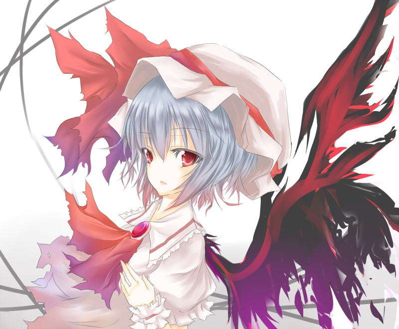 sasaki kouhei, remilia scarlet, touhou, bad id, bad pixiv id, 1girl, female focus, gradient background, hat, ribbon, solo, upper body, vampire, white background, white hat, wings