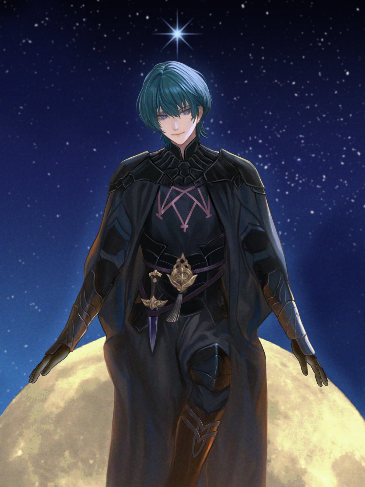 wrainbow13, male byleth (fire emblem), fire emblem, fire emblem: three houses, nintendo, highres, 1boy, armor, black armor, black boots, black cape, black gloves, black pants, blue eyes, blue hair, boots, cape, closed mouth, dagger, full moon, gloves, knife, long sleeves, looking at viewer, male focus, moon, night, night sky, pants, sheath, sheathed, short hair, sky, smile, star (sky), weapon