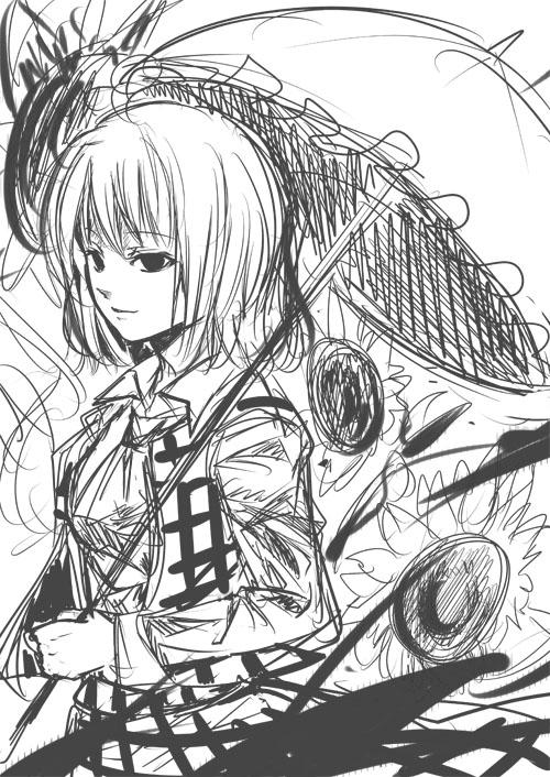 tomasu, tsurukame, kazami yuuka, touhou, 1girl, ascot, female focus, flower, greyscale, monochrome, plaid clothes, plaid skirt, plaid vest, short hair, sketch, skirt, skirt set, solo, sunflower, umbrella, upper body, vest