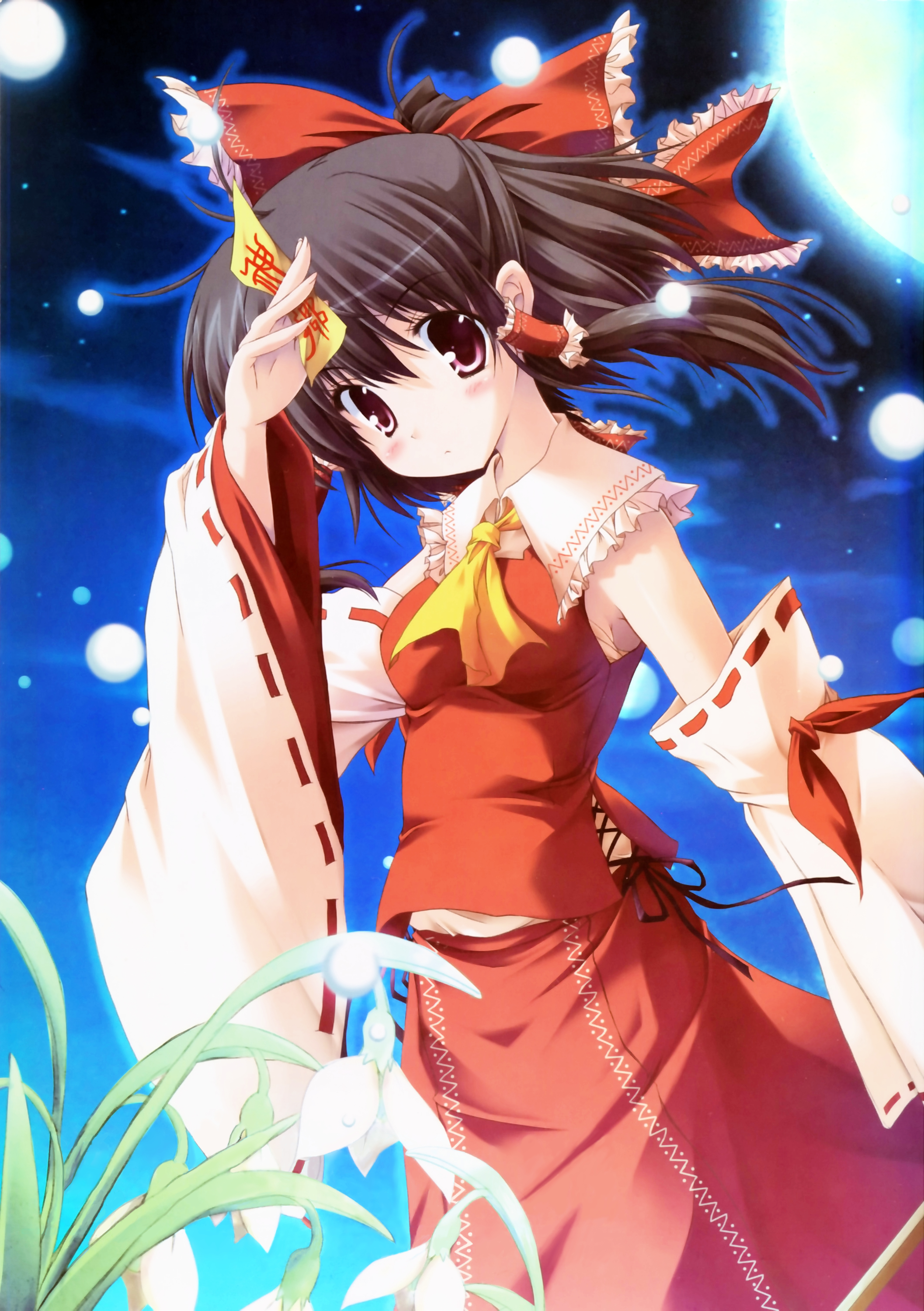 maruchan., hakurei reimu, touhou, absurdres, highres, 1girl, black hair, female focus, japanese clothes, miko, red eyes, solo