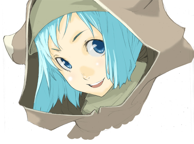enami katsumi, 1girl, blue eyes, blue hair, female focus, hood, matching hair/eyes, solo