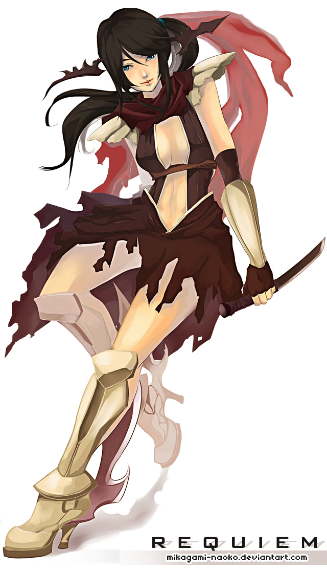 aira saunar, assassin cross (ragnarok online), ragnarok online, commentary, english commentary, 1girl, armor, armored boots, black hair, blue eyes, boots, breasts, brown cape, brown gloves, brown leotard, cape, closed mouth, dagger, demon wings, elbow gloves, fingerless gloves, full body, gloves, head wings, high heel boots, high heels, holding, holding dagger, holding knife, holding weapon, knife, leotard, lips, long hair, looking at viewer, medium breasts, pauldrons, ponytail, red scarf, revealing clothes, scarf, short sword, shoulder armor, simple background, smile, solo, standing, sword, tantou, torn cape, torn clothes, vambraces, waist cape, watermark, weapon, web address, white background, wings