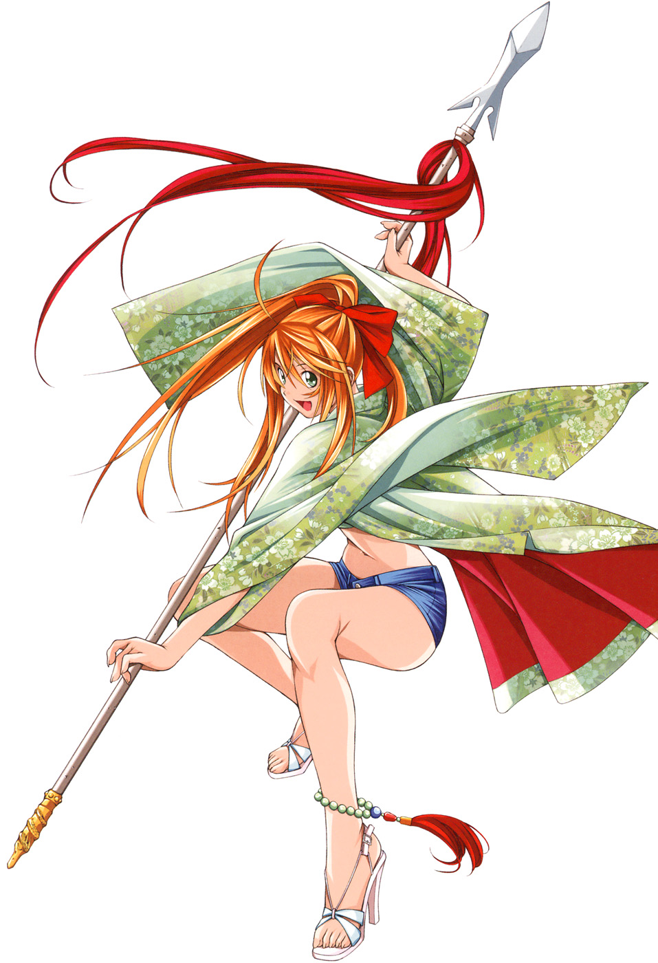 shiozaki yuji, sonsaku hakufu, ikkitousen, ikkitousen dragon destiny, highres, official art, 00s, 1girl, :d, ahoge, anklet, beads, bow, feet, female focus, fighting stance, fingernails, floral print, full body, green eyes, hair bow, high heels, japanese clothes, jewelry, kimono, legs, long fingernails, long hair, midriff, navel, open mouth, orange hair, polearm, ponytail, ribbon, sandals, shoes, short shorts, shorts, simple background, smile, solo, spear, spread legs, squatting, weapon