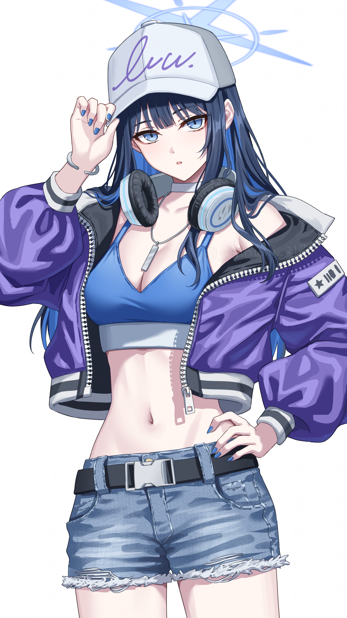 simoumi 217, saori (blue archive), blue archive, absurdres, highres, 1girl, alternate costume, baseball cap, bikini, bikini top only, black hair, blue bikini, blue eyes, blue hair, blue halo, blue nails, breasts, choker, cleavage, colored inner hair, denim, denim shorts, halo, hand on own hip, hat, headphones, headphones around neck, jacket, jewelry, looking at viewer, multicolored hair, navel, necklace, open clothes, open jacket, open mouth, purple jacket, shorts, solo, stomach, swimsuit, two-tone hair, white choker, white hat