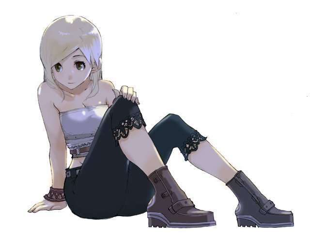 enami katsumi, original, bad id, bad pixiv id, 1girl, bare shoulders, belt, blonde hair, boots, female focus, lace, midriff, shoes, sitting, solo, strapless