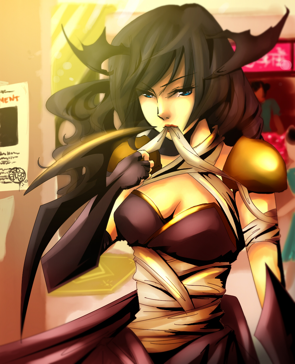 aira saunar, assassin (ragnarok online), ragnarok online, commentary, english commentary, highres, 1girl, armor, bandages, bandages over clothes, bandages over mouth, black gloves, black hair, black wings, blue eyes, blurry, blurry background, breasts, cleavage, closed mouth, demon wings, fingerless gloves, gloves, head wings, long hair, looking at viewer, medium breasts, pauldrons, purple shirt, shirt, shoulder armor, sleeveless, sleeveless shirt, solo, upper body, wings