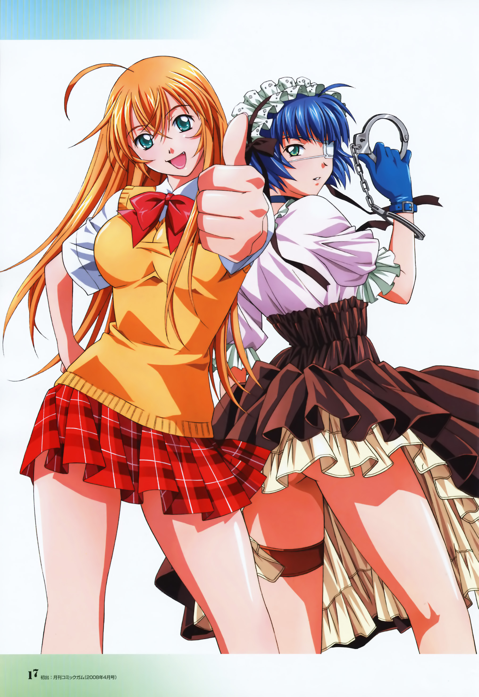rin-sin, ryomou shimei, sonsaku hakufu, ikkitousen, ikkitousen dragon destiny, absurdres, highres, 00s, 2girls, ass, blue hair, breasts, cuffs, eyepatch, green eyes, handcuffs, legs, looking at viewer, multiple girls, skirt