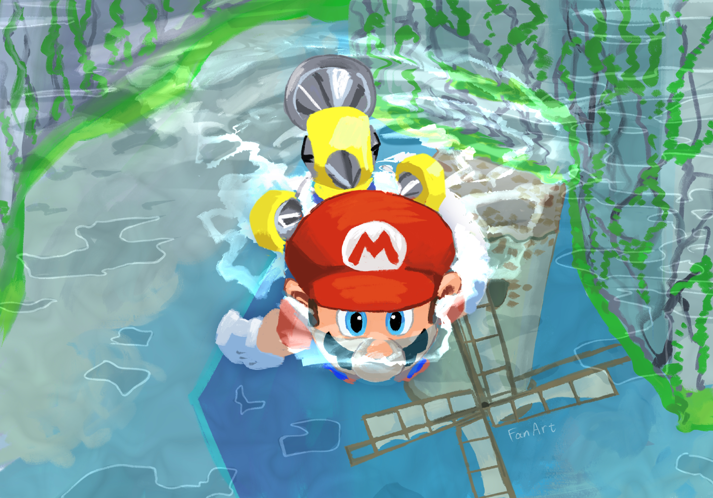 yamari (ya mari 6363), f.l.u.d.d., mario, mario (series), nintendo, super mario sunshine, highres, 1boy, blue eyes, blue overalls, day, facial hair, gloves, hat, male focus, mustache, outdoors, overalls, red hat, red shirt, reflection, reflective water, shirt, short sleeves, swimming, water, white gloves, windmill