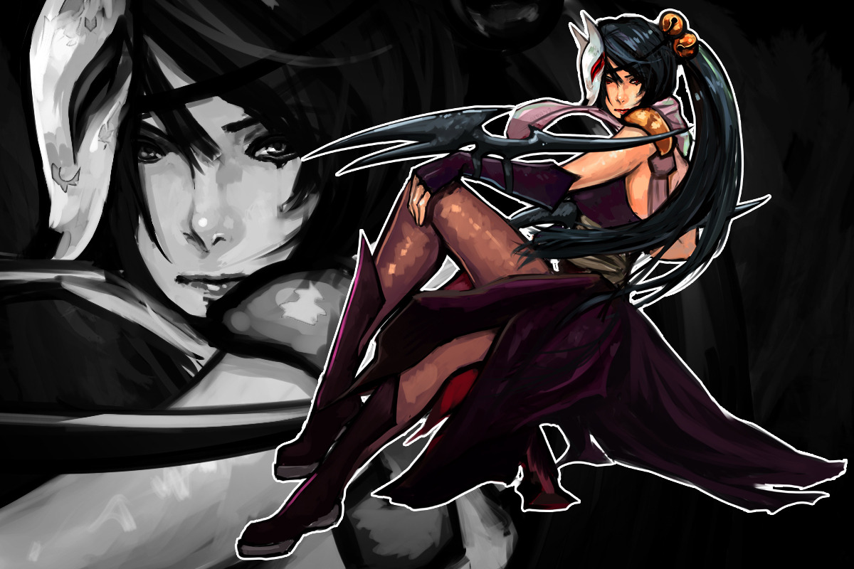 aira saunar, assassin (ragnarok online), ragnarok online, commentary, english commentary, 1girl, bell, black hair, boots, brown pantyhose, cape, closed mouth, fingerless gloves, fox mask, full body, gloves, hair bell, hair ornament, jingle bell, long hair, looking at viewer, mask, mask on head, pantyhose, ponytail, purple boots, purple cape, purple gloves, purple shirt, red eyes, shirt, sleeveless, sleeveless shirt, smile, solo, waist cape, zoom layer