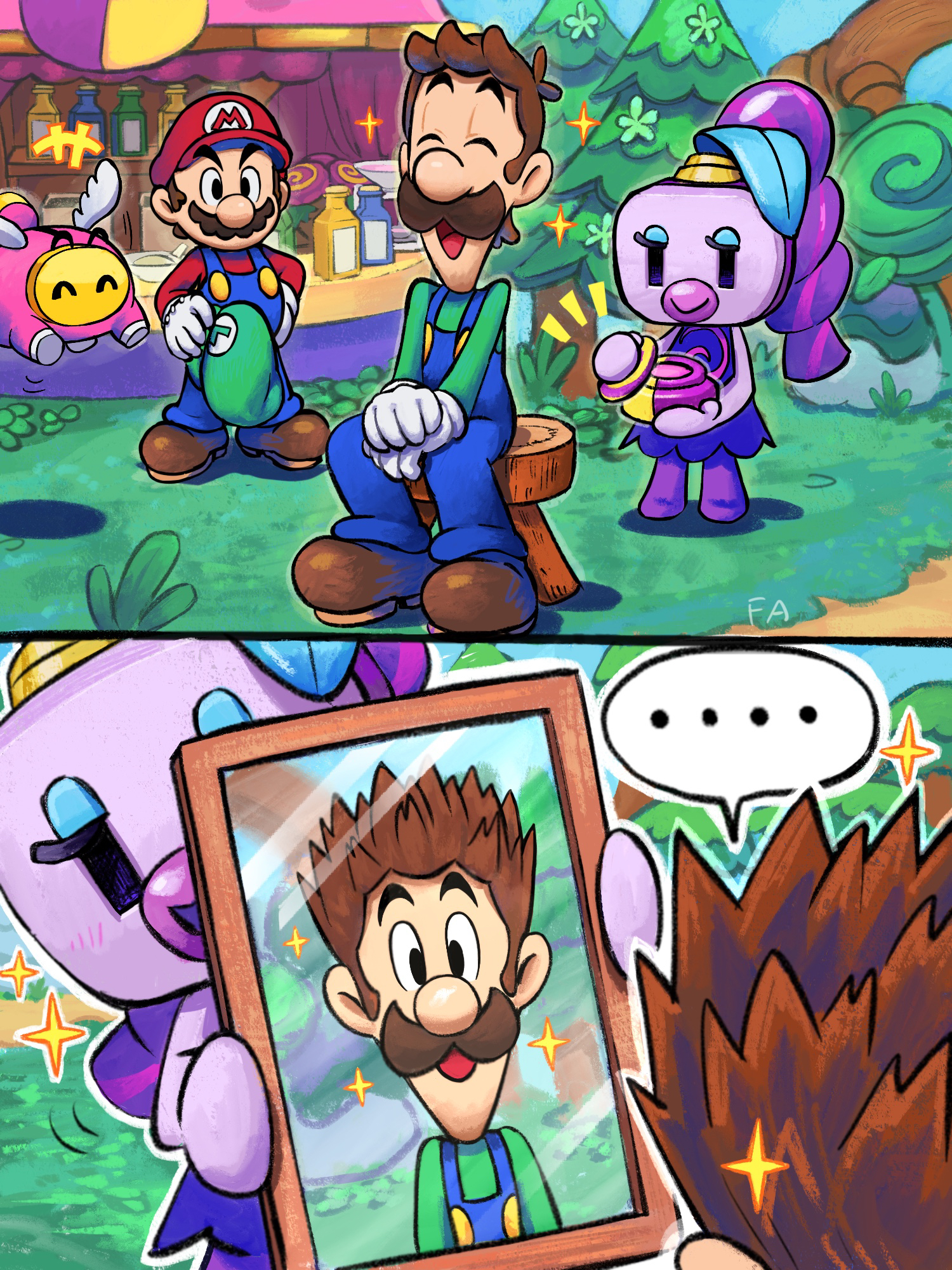 yamari (ya mari 6363), luigi, mario, snoutlet (mario), spiralia (mario), mario & luigi: brothership, mario & luigi rpg, mario (series), nintendo, highres, …, 1girl, 2boys, beak, blue overalls, boots, bottle, brown boots, brown hair, closed eyes, colored skin, dress, facial hair, gloves, grass, green hat, green shirt, hat, holding, holding mirror, holding unworn clothes, holding unworn hat, looking at mirror, masanori sato (style), mirror, multiple boys, mustache, open mouth, overalls, purple dress, purple hair, purple skin, red hat, red shirt, reflection, shirt, short hair, sitting, sparkle, speech bubble, standing, stool, tree, unworn hat, unworn headwear, white gloves