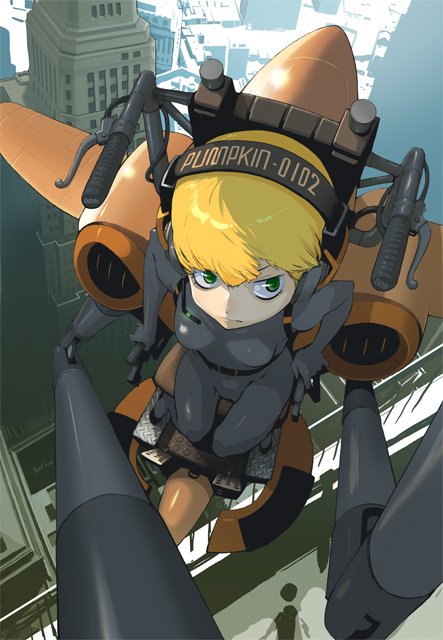 enami katsumi, bad id, bad pixiv id, blonde hair, bodysuit, city, flying, green eyes, jumpsuit, mecha, mecha musume, robot, short hair, solo