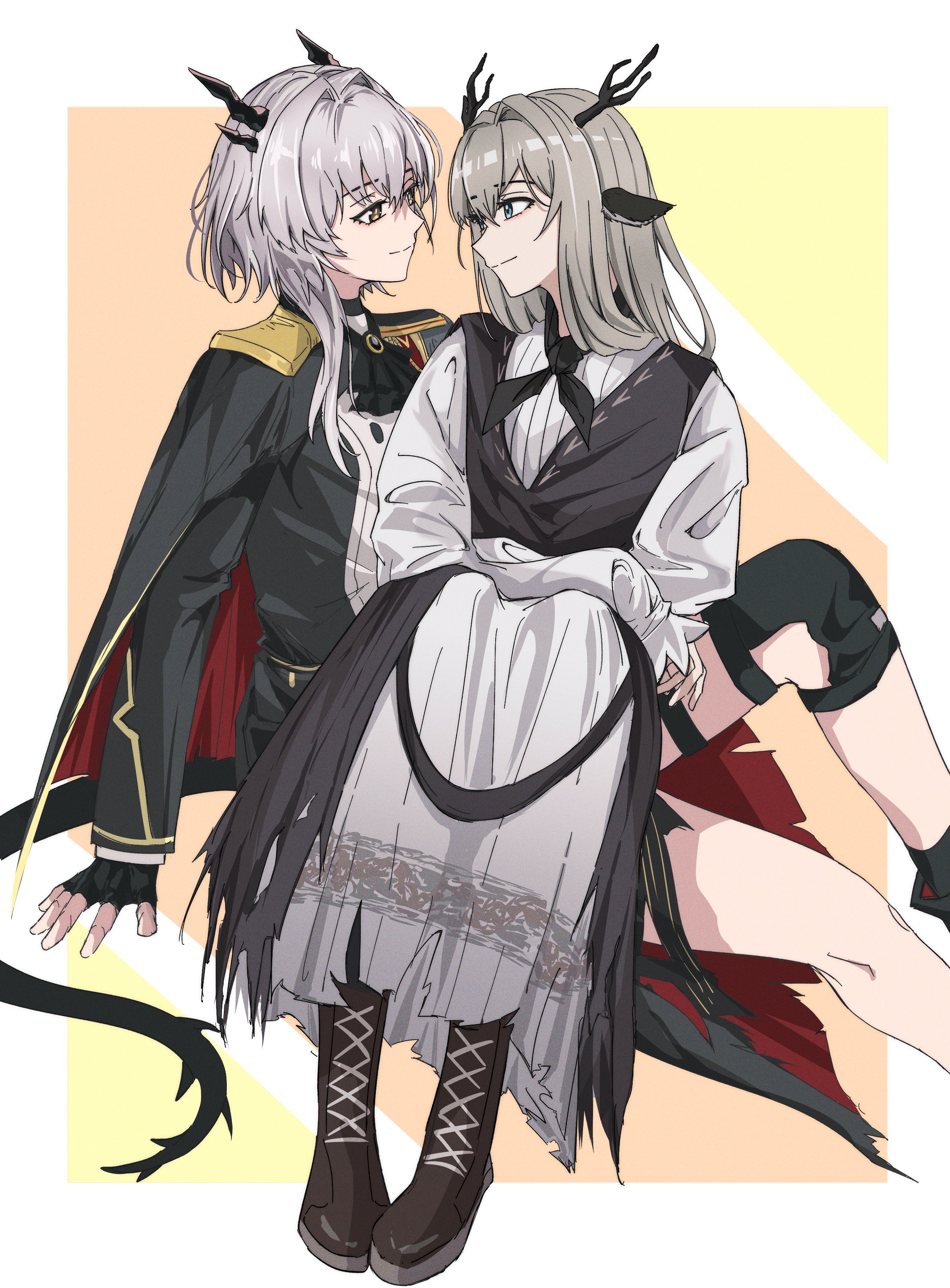 hibiki4411, alina (arknights), talulah (arknights), talulah the fighter (arknights), arknights, absurdres, commentary request, highres, 2girls, animal ears, antlers, ascot, black ascot, black cape, black gloves, black horns, black vest, blue eyes, boots, border, brown boots, cape, closed mouth, eye contact, face-to-face, fingerless gloves, gloves, grey hair, horns, long hair, long sleeves, looking at another, multiple girls, outside border, profile, red cape, sitting, sitting on person, smile, two-sided cape, two-sided fabric, vest, white border, yellow eyes, yuri